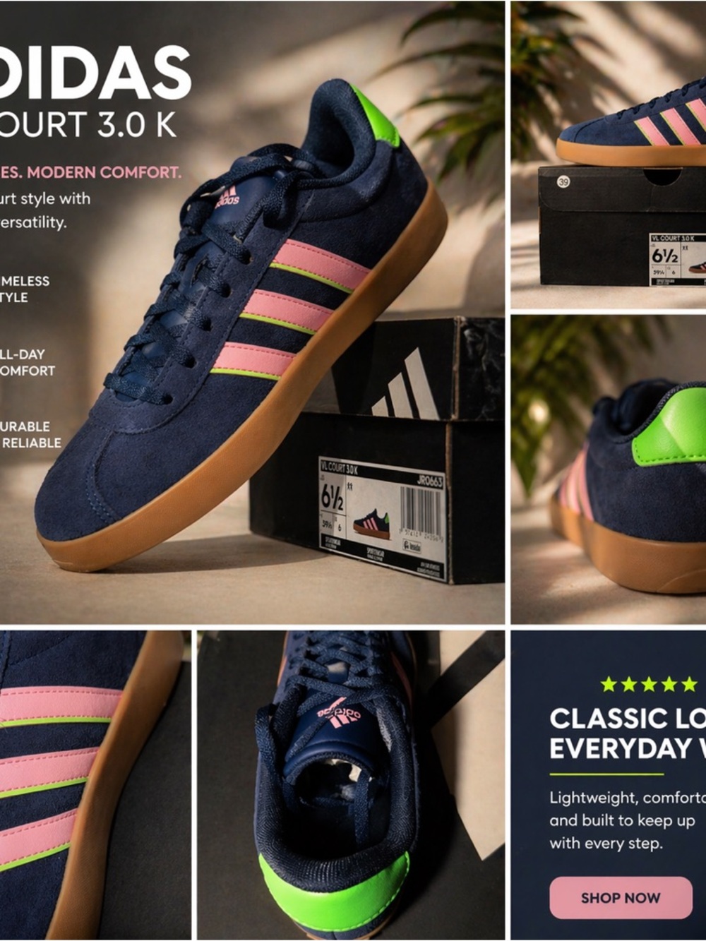 adidas VL COURT 3.0 Navy Sneakers with Pink Stripes and Bright Green Heel